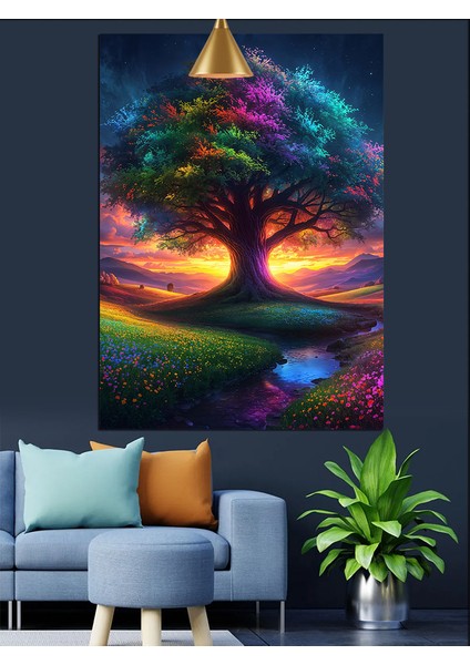 Renkli Işıklı Ağaç Dekoratif Kanvas - Mdf Ahşap Tablo fırsatları