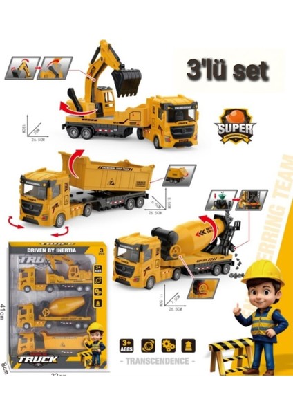 3lü Set Büyük Iş Makinaları Kırılmaz Fonksiyonlu Iş Araçları 28 cm Sürtmeli Kamyon Kepçe Mikser