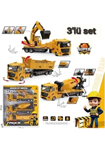 3lü Set Büyük Iş Makinaları Kırılmaz Fonksiyonlu Iş Araçları 28 cm Sürtmeli Kamyon Kepçe Mikser modelleri