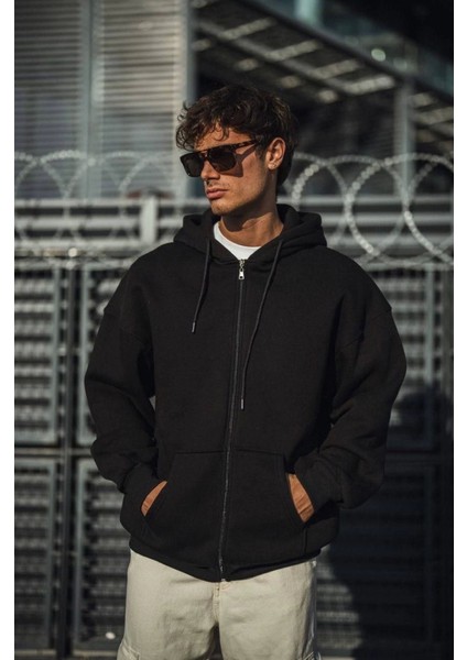 Oversize Tam Fermuarlı Uzun Kol Hırka - Siyah