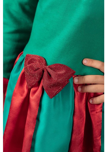 Fiyonk Detaylı Kız Çocuk Noel Elbise