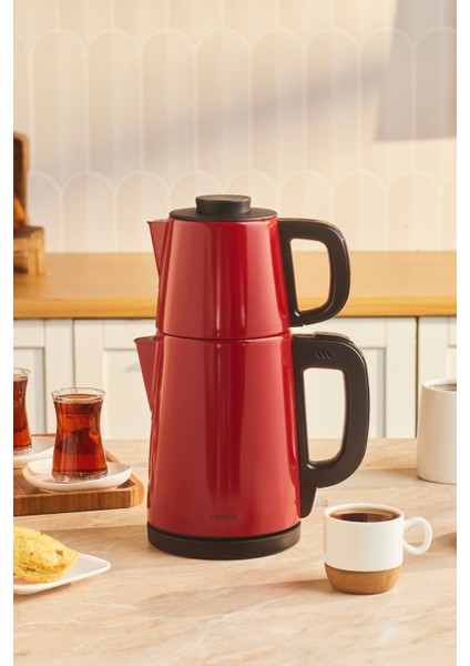 Pratik 2'li Çelik Çay Makinesi, Kırmızı Renkli, Hızlı ve Kolay Demleme Keyfi