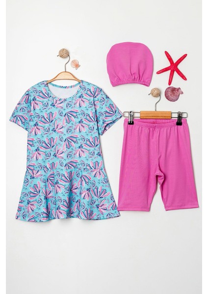 Batik Desenli Volan Etekli Boneli Kız Çocuk Üçlü Set Mayo