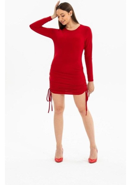 Kadın Uzun Kol Büzgü Detaylı Sandy Kumaş Ayarlanabilir Boy Fırsat Ürün Elbise fiyatları