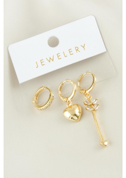 Wizard 3 Adet Kalp Zirkon Taşlı Küpe-Sarı