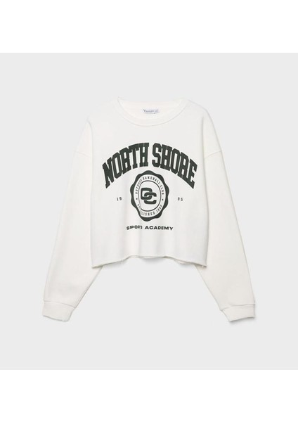 Beyaz Baskılı Crop Sweatshirt