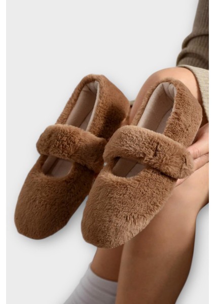 Tüylü Tek Kemer Cırtlı Panduf Kadın Ev Babeti Kahverengi