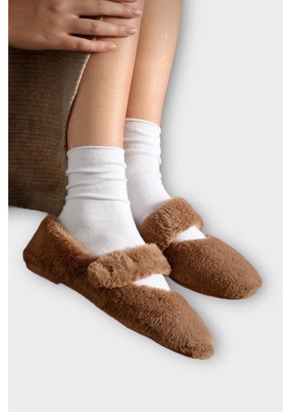 Tüylü Tek Kemer Cırtlı Panduf Kadın Ev Babeti Kahverengi modelleri