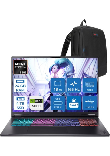 Nitro 18 Aı Amd AN18-AMD Ryzen™ Aı 9 365 24GB Ddr5 4tb SSD 8GB/RTX5060 115W 18" Qhd+ 2560 x 1600 165 Hz IPS Freedos Gaming Bilgisayar. NHQYHEY001F05+ZETTAÇANTA