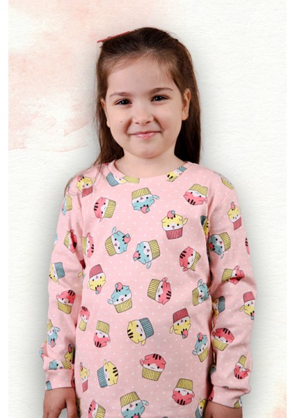 Kedi Desenli %100 Pamuk Kız Çocuk Pijama Takım
