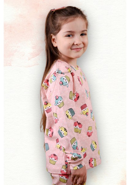 Kedi Desenli %100 Pamuk Kız Çocuk Pijama Takım modelleri