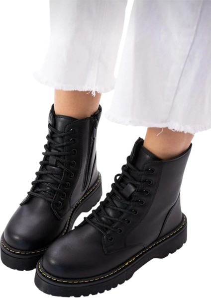 Kadın Fermuarlı Bağcıklı Kalın Taban Kadın Bot Siyah fiyatları