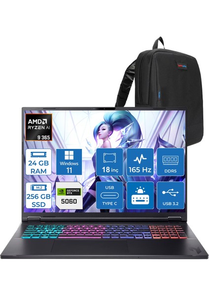 Nitro 18 Aı Amd AN18-AMD Ryzen™ Aı 9 365 24GB Ddr5 256GB SSD 8GB/RTX5060 115W 18" Qhd+ 2560 x 1600 165 Hz IPS WIN11PRO Gaming Bilgisayar. NHQYHEY001P01+ZETTAÇANTA