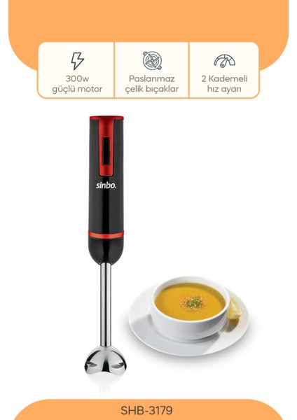 Kırmızı ve Siyah El Blenderi SHB-3179, Pratik ve Şık Tasarım.