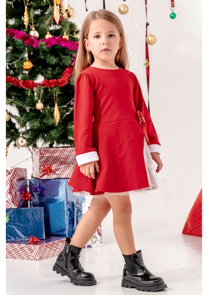Fiyonk Detaylı Şardonlu 2 Ip Kız Çocuk Noel Elbise