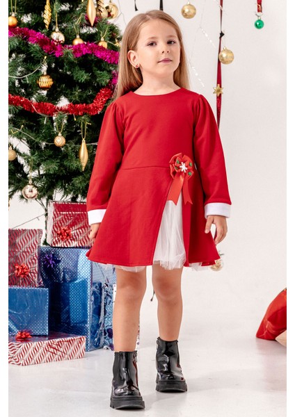 Fiyonk Detaylı Şardonlu 2 Ip Kız Çocuk Noel Elbise modelleri