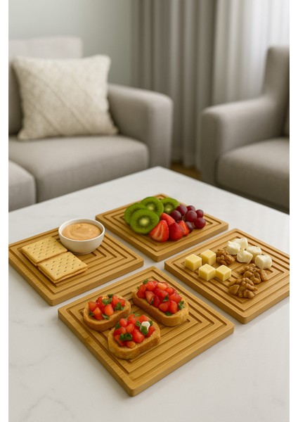 4'lü Bambu Ahşap Sunum Tahtası 20X20 Kare Servis Altlığı, Doğal ve Şık Sunum Seti