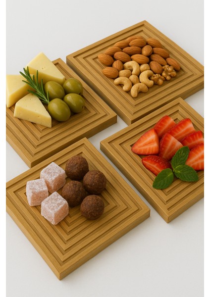 4'lü Bambu Ahşap Sunum Tahtası 20X20 Kare Servis Altlığı, Doğal ve Şık Sunum Seti fiyatları