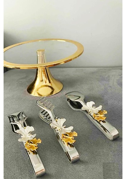 3'lü Kelebek Detaylı Gümüş Servis Maşa Seti, Şık ve Kullanışlı Mutfak Gereci