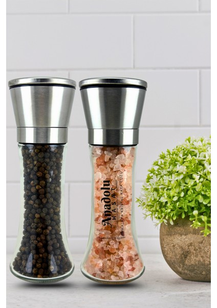 2’li Seramik Öğütücülü Cam Seti, Himalaya Kaya Tuzu ve Karabiber, 19 cm
