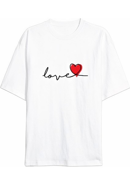 Sevgililer Günü Için Özel Tasarım Love Baskılı T-Shirt - Beyaz