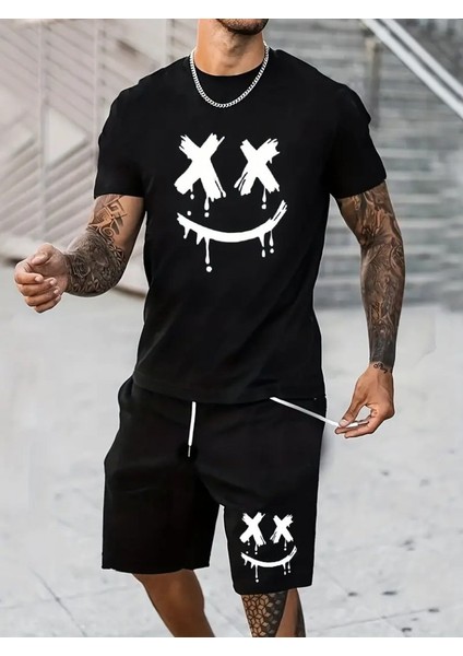 Erkek Kısa Kollu Bisiklet Yaka Baskılı Bluz Ipli Short Iki Iplik Takım