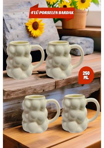 4'lü Porselen Kahve Bardak Seti, Üzüm Şekilli, Bej, 250 Ml, Ofis ve Ev Için Ideal