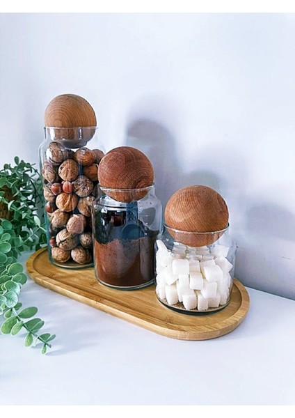 Yeşil 3'lü Ahşap Top Kapaklı Cam Saklama Kabı, 1300/800/500 Ml, Dekoratif ve Şık