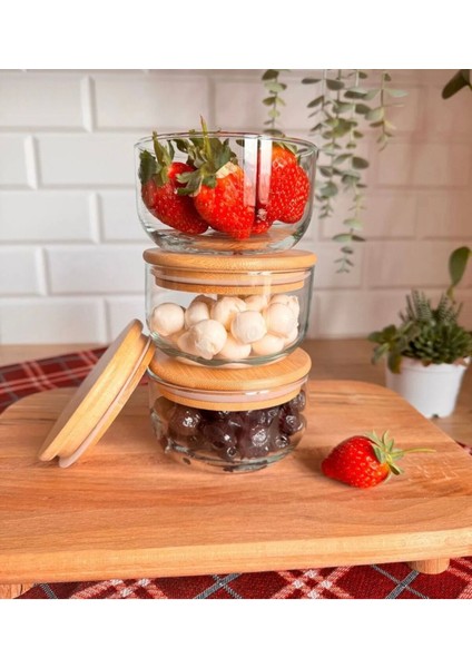 Bambu Kapaklı Vakumlu Cam Saklama Kabı, Şık ve Pratik Kahvaltı Seti