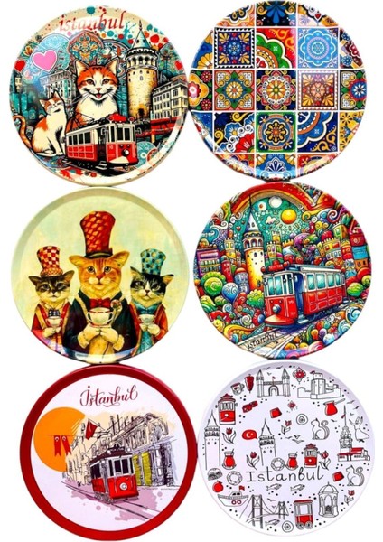 Kedi ve Istanbul Desenli 6'lı Mantar Tabanlı Bardak Altlığı, 9cm