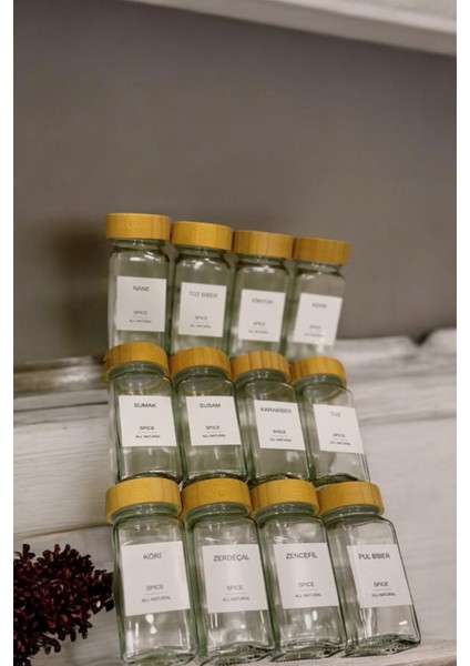 12'li Bambu Kapaklı Kare Cam Baharatlık Seti, Şık ve Kullanışlı Mutfak Düzeni Için