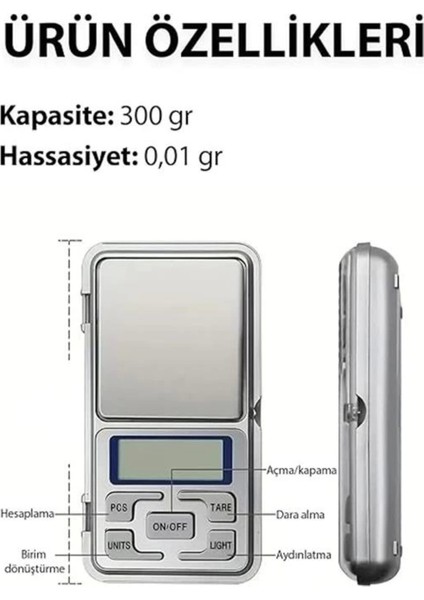 Hassas Dijital Elektronik Cep Terazisi, 300 gr Kapasite, 0.01 gr Hassasiyet