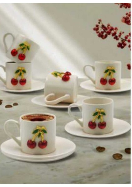 Ekru Kiraz Desenli 4 Parça 2 Kişilik Kahve Fincan Takımı fiyatları
