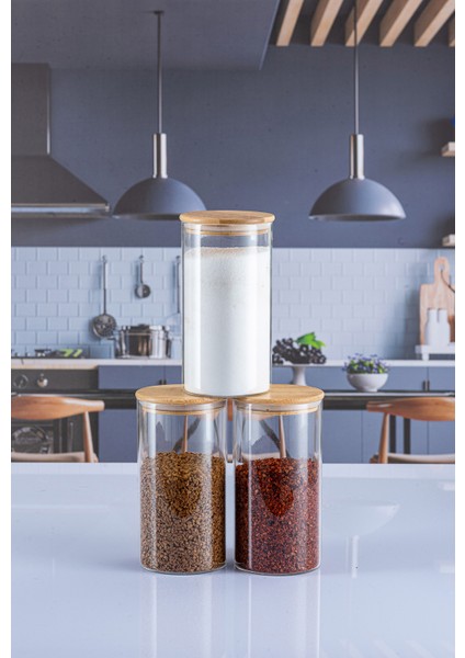 3'lü 550 ml Bambu Kapaklı Lüks Yuvarlak Baharatlık Seti, Şık ve Kullanışlı.