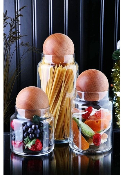 3'lü Ahşap Top Kapaklı 1300/800/500 ml Dekoratif Cam Saklama Kabı, Yeşil fiyatları