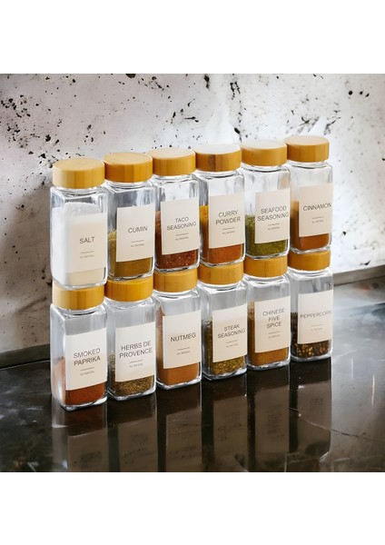12'li Bambu Kapaklı Baharat Kavanozu Seti, Serpme Başlıklı, Türkçe Etiketli, Şık ve Kullanışlı