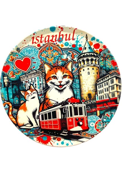 Kedi ve Istanbul Desenli 6'lı Mantar Tabanlı Bardak Altlığı 9cm Seti fiyatları
