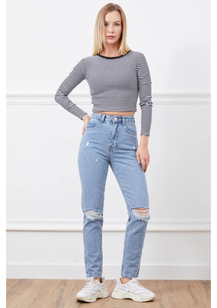 Yüksek Bel Yırtmaçlı Mom Jean Pantolon