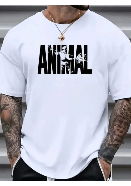 Baskılı Oversize Bisiklet Yaka T-Shirt - Beyaz