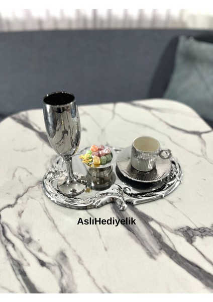 Renkli Paslanmaz Çelik Işlemeli Sunum Tepsisi, Çay, Kahve, Ikram ve Çeyizlik 2'li Set modelleri