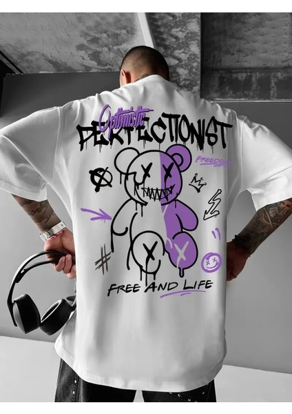 Baskılı Oversize Bisiklet Yaka T-Shirt - Beyaz