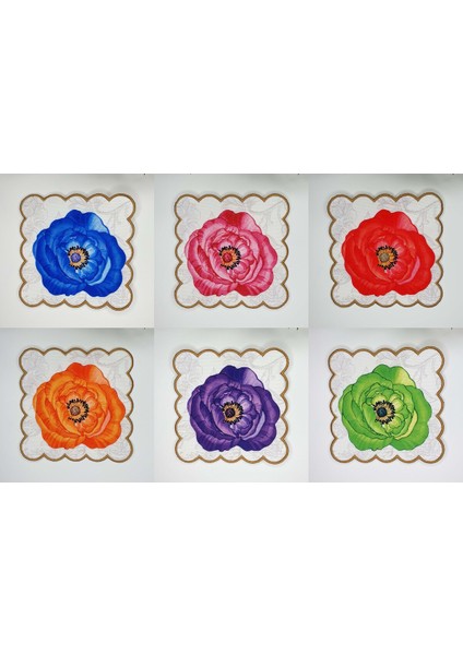 6'lı Renkli Nakışlı Gelincik Çiçeği Tasarımlı Kumaş Kokteyl Peçetesi