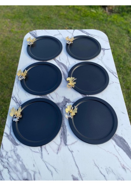 6'lı Kelebekli Siyah Yuvarlak Sunum Tepsisi, Dekoratif Servis, Çay ve Pasta 24 cm