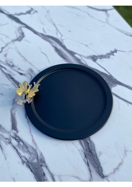 6'lı Kelebekli Siyah Yuvarlak Sunum Tepsisi, Dekoratif Servis, Çay ve Pasta 24 cm modelleri