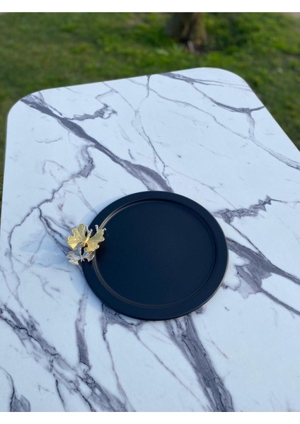 6'lı Kelebekli Siyah Yuvarlak Sunum Tepsisi, Dekoratif Servis, Çay ve Pasta 24 cm fırsatları