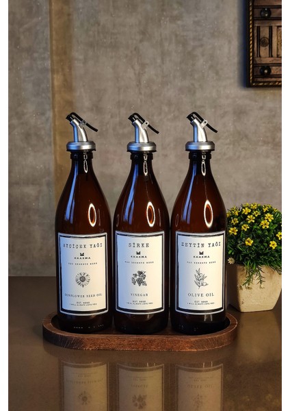 Şık 3'lü Ahşap Standlı Amber Yağ ve Sirke Şişesi Seti, 500 Ml, Premium Kalite