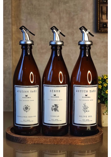 Şık 3'lü Ahşap Standlı Amber Yağ ve Sirke Şişesi Seti, 500 Ml, Premium Kalite fiyatları