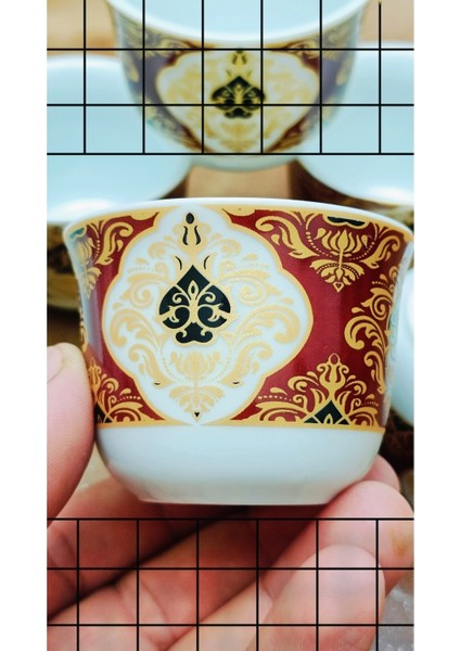 Bordo Desenli Kulpsuz Porselen 6'lı Mırra Kahve Fincanı Seti