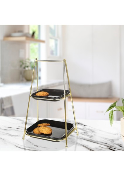 Kare Iki Katlı Sunumluk Teli, Gold Kaplama, Şık ve Zarif Tasarım