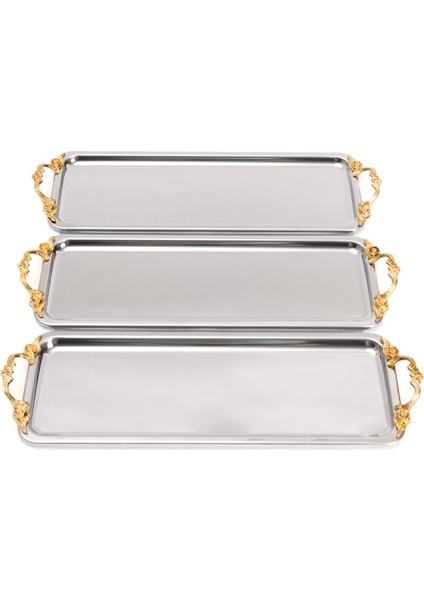 3'lü Lüx Gümüş Baton Tepsi, Paslanmaz Çelik, Çay, Kahve ve Servis Için Şık Sunum